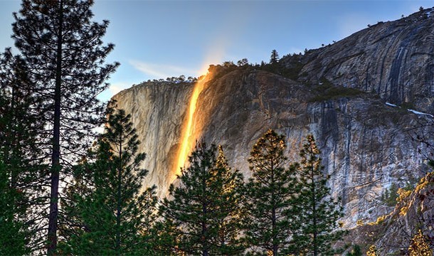 11. Horsetail Falls: In Yosemite National Park, California, this waterfall looks more like lava with a bright orange glow at certain times of the day in February.