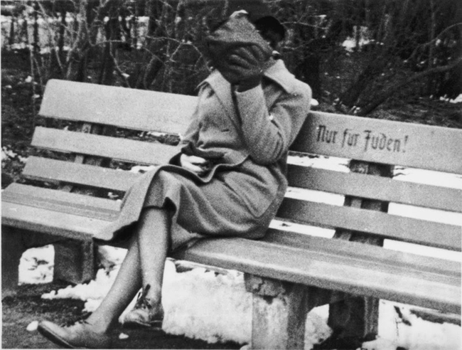 4.) A Jewish woman in Austria in 1938 sitting on a bench marked "Only for Jews."