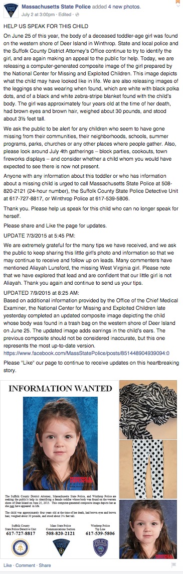 Massachusetts State Police have shared this computer-generated composite of a 4-year-old who's remains were discovered on June 25, 2015.